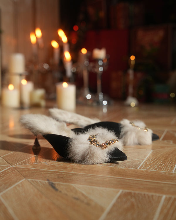 Helen Faux Fur Satin Mules In Black