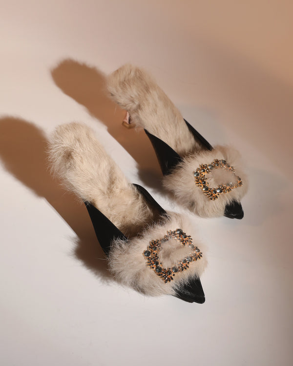 Helen Faux Fur Satin Mules In Black