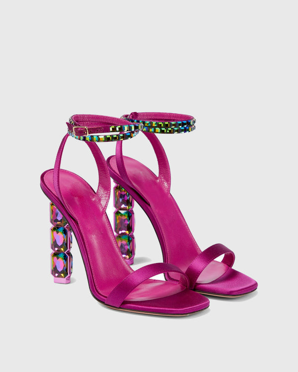 Ilda Rhinestone Heel Satin Sandals In Hot Pink