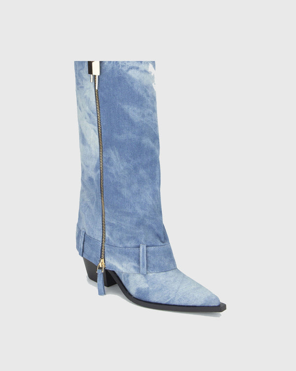 Isabetta Buckle Denim Cowboy Knee High Boots