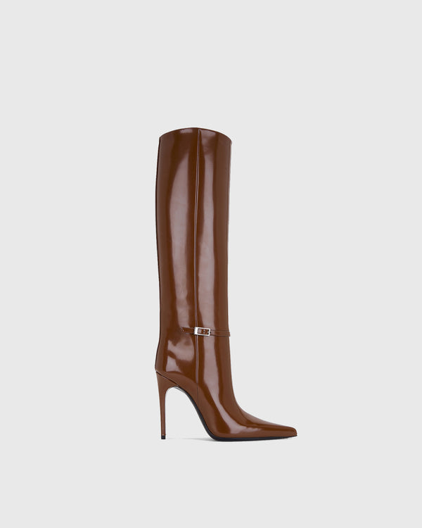 Ivana Buckle Leather Knee High Boots In Brown