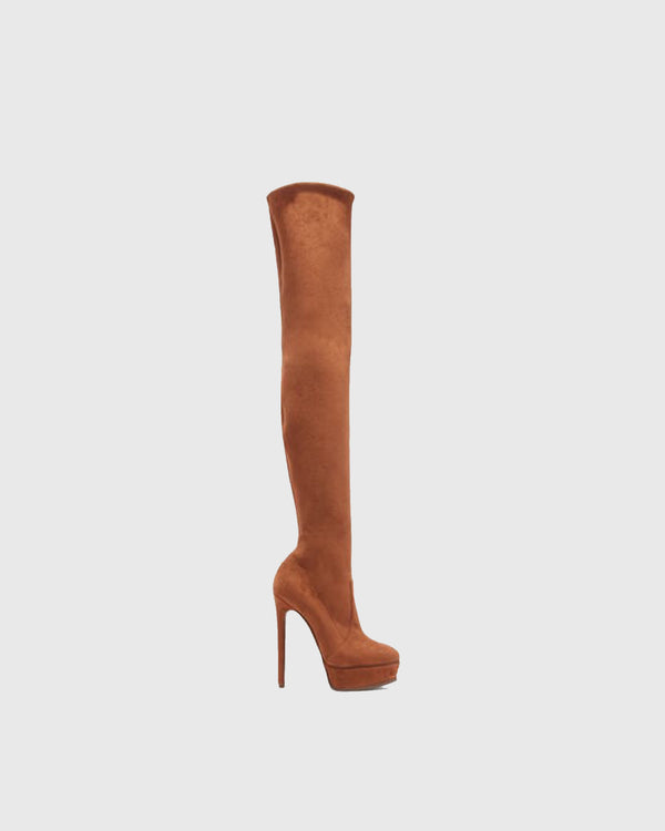 Jessica Velvet Platform Over The knee Boots In Brown