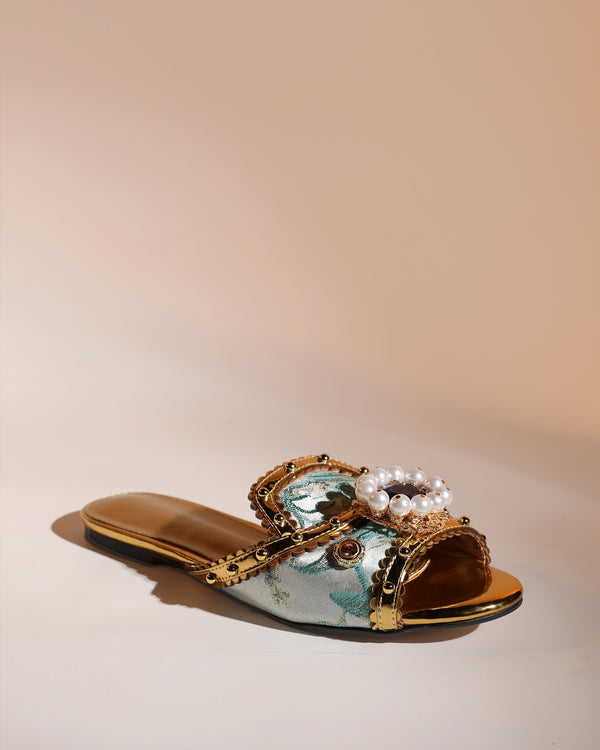 Jewel Vintage Embellished Slippers In Blue