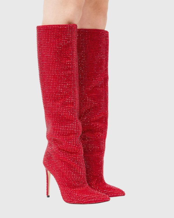 Laurenza Rhinestone Embellished Knee High Boots In Brown