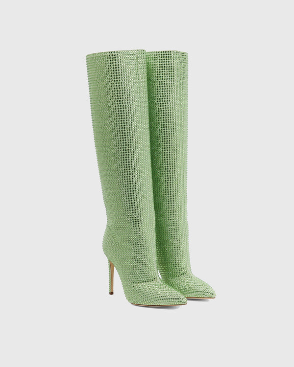 Laurenza Rhinestone Embellished  Leather Knee High Boots In Green