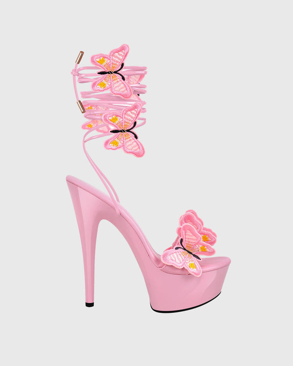 Lelia Bow Embroidery Lace Up Platform Sandals In Pink