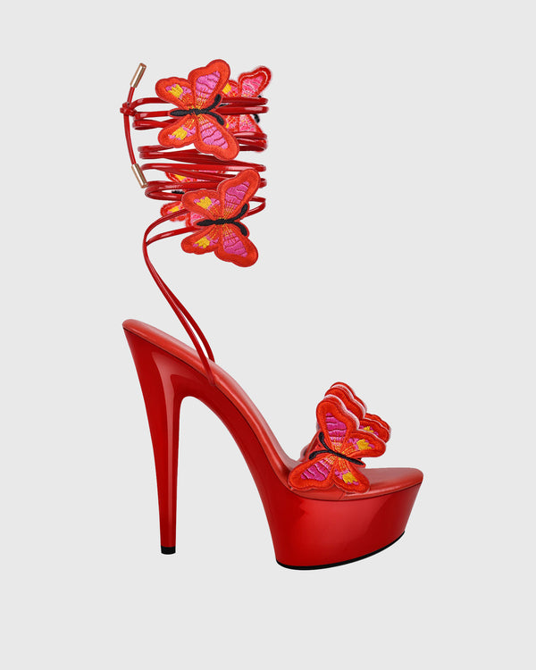 Lelia Bow Embroidery Lace Up Platform Sandals In Red