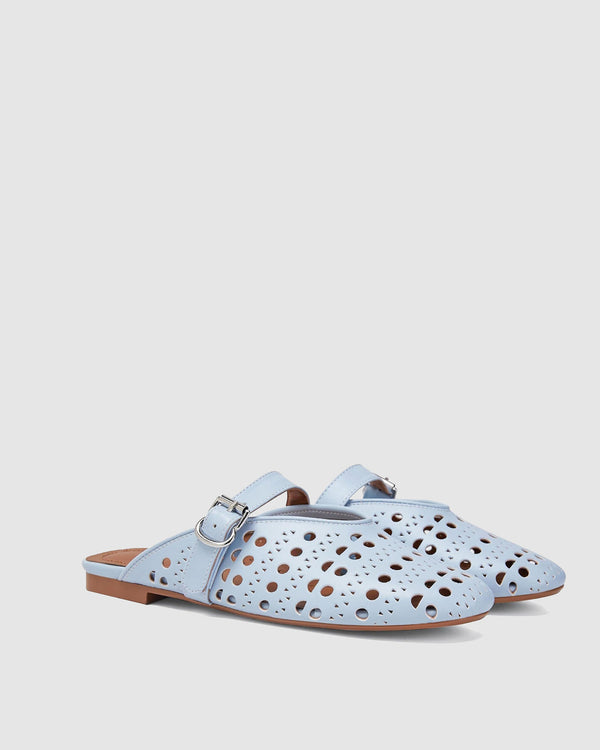 Lia Cutout Leather Buckle Mules In Blue