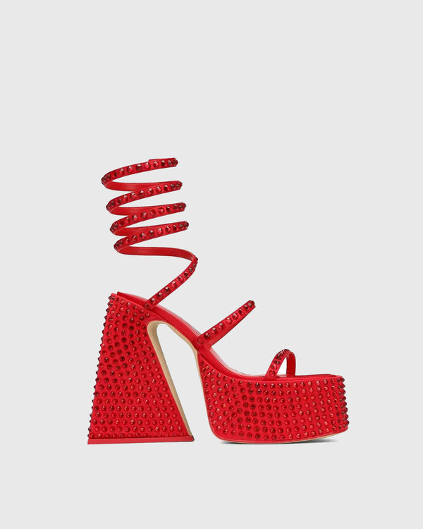 Lidia Rhinestone Platform Snake Sandals In Red