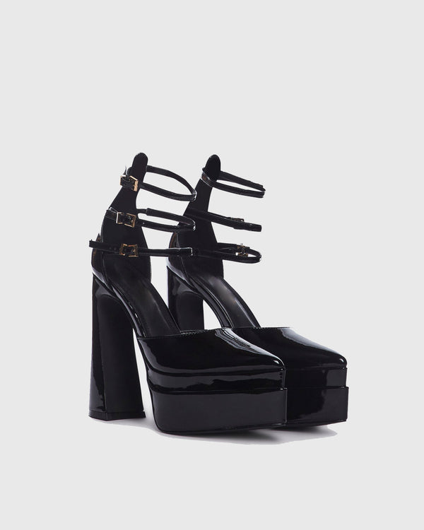 Lilla Leather Ankle Strap Platform Heels In Black