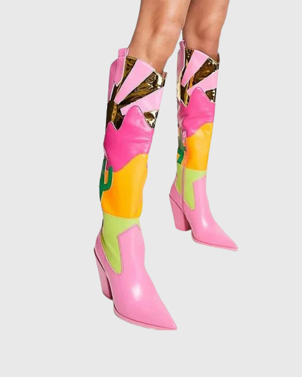 Luana Color Splicing Cowboy Knee High Boots