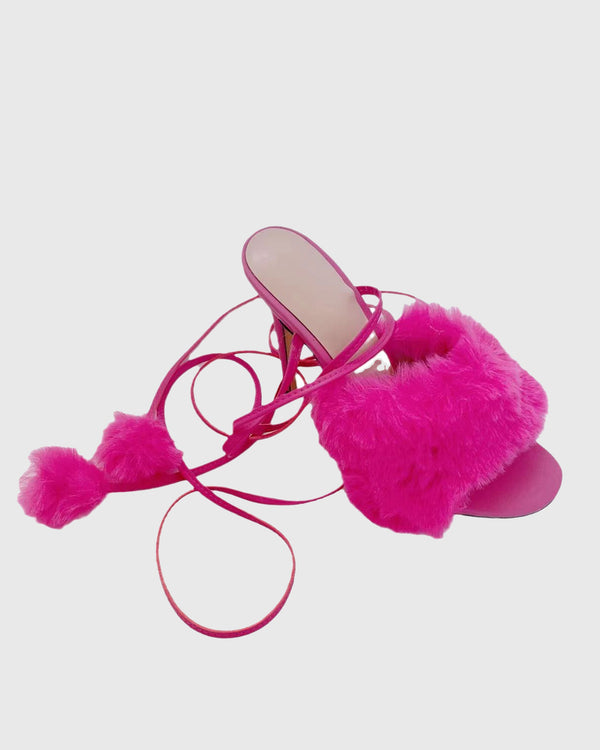 Luisa Faux Fur Lace up Sandals In Hot Pink