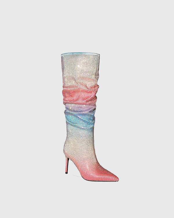 Mafalda Rhinestone Ruched Knee High Boots In Ombre