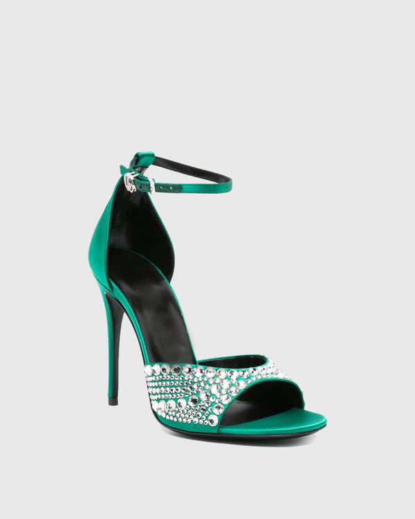 Mara Rhinestone Satin Strap Sandals In Green