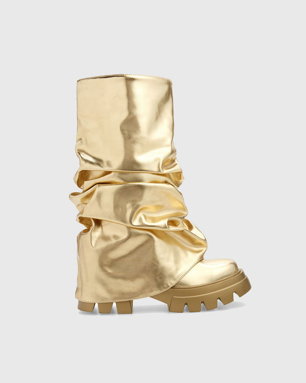 Martedi Ruched Metallic Mid Calf Boots In Gold