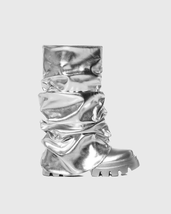 Martedi Ruched Metallic Mid Calf Boots In Silver