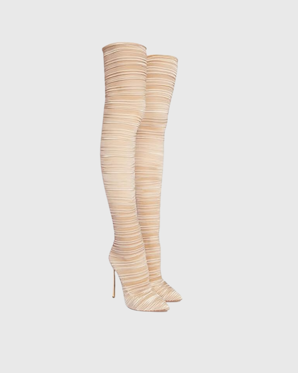 Miley Ribbed Velvet Over The Knee Boots In Beige