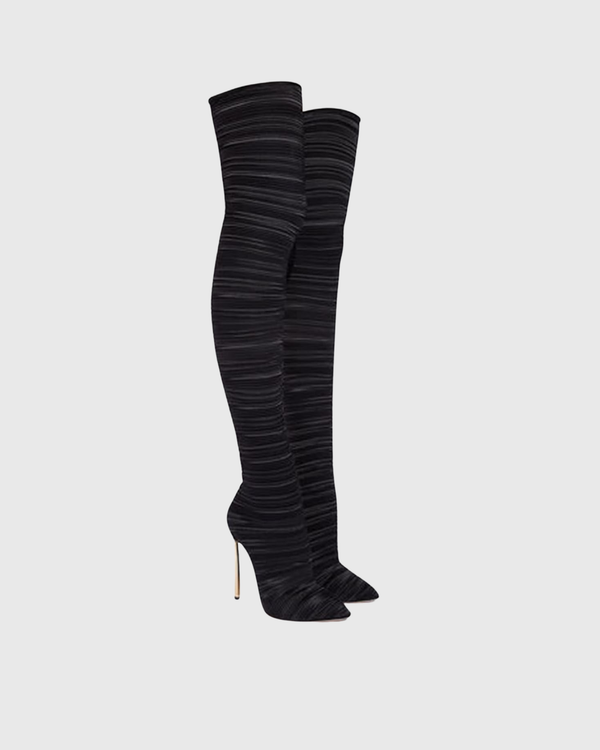 Miley Ribbed Velvet Over The Knee Boots In Black