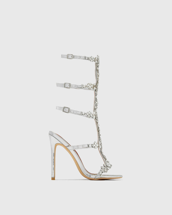 Miriam Diamond  Lace up Metallic Sandals In Silver