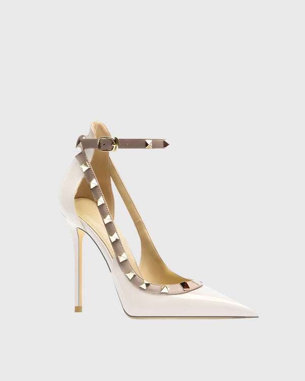 Nella Rivet Embellished Strap Cutout Pumps In White