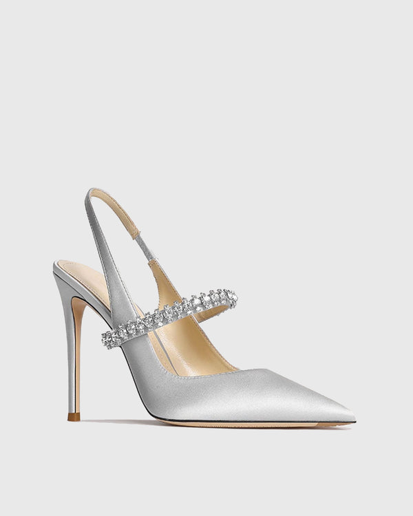 Nerina Rhinestone Satin Slingback Pumps In Silver