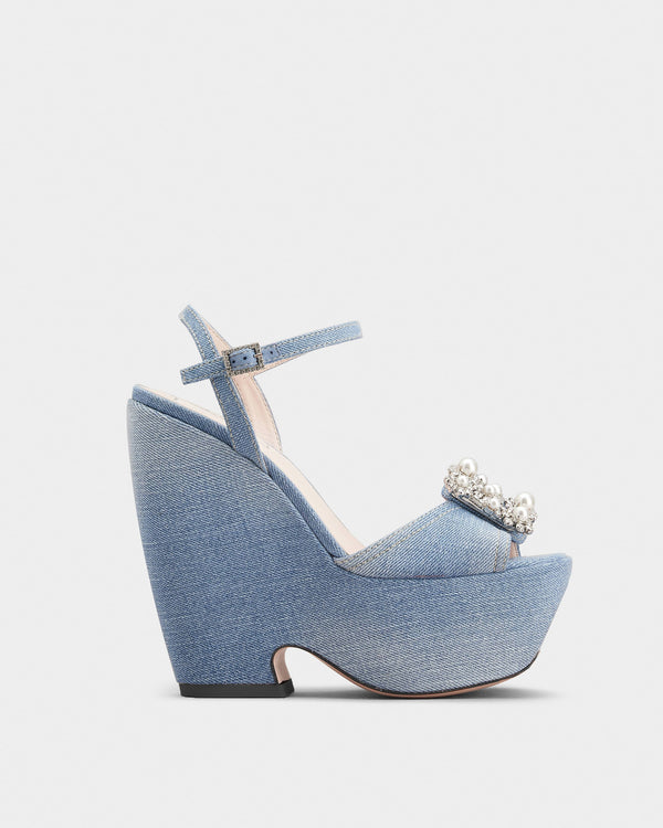 Nicolina Pearl Denim Platform Sandals In Blue