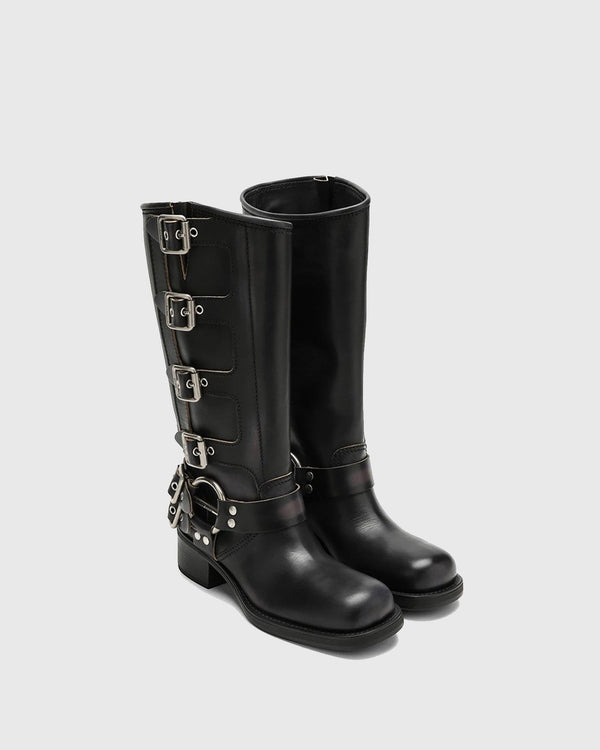 Ninetta Buckle Leather Knee High Boots In Black