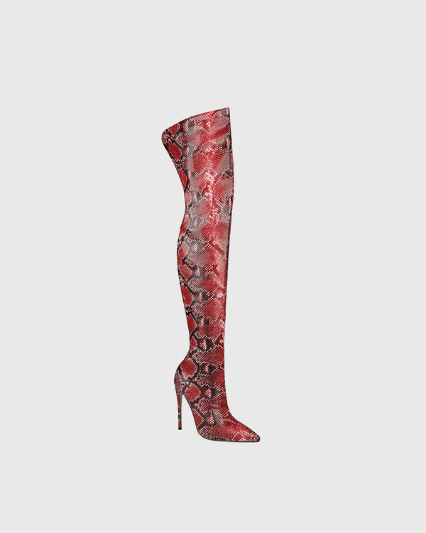 Nives Snake Print Over The Knee Boots In Red