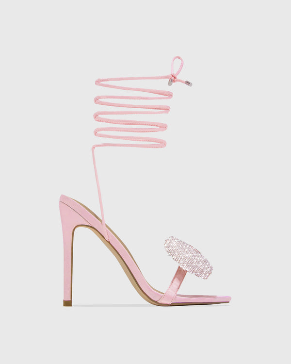 Nora Crystal Bow Lace Up Sandals In Pink