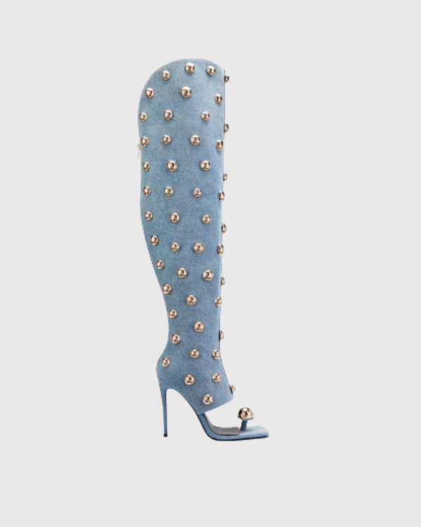 Norma Stud Denim Knee Hight Boots In Blue