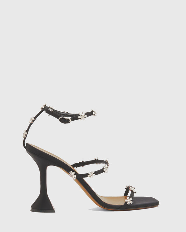 Ofelia Rhinestone Flower Strap Sandals In Black