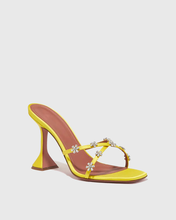Ofelia Cross Rhinestone Flower Flared Heels In Butter Yellow