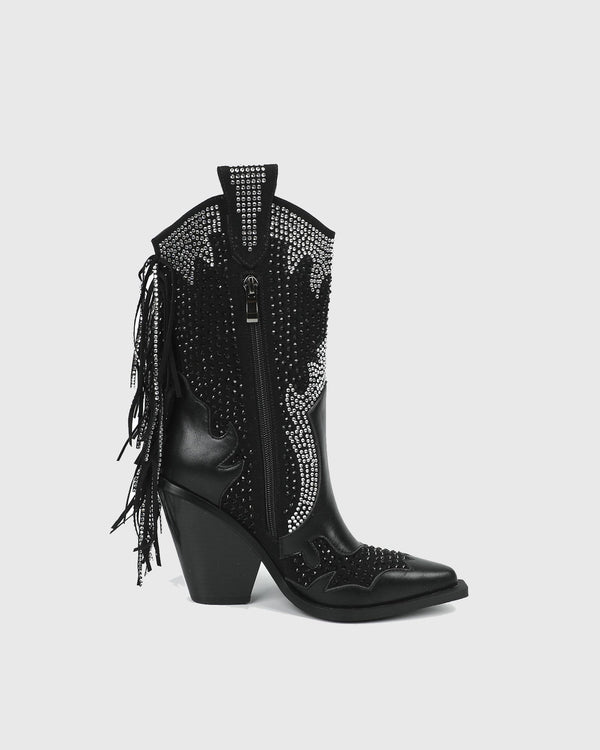 Ortensia Rhinestone Fringe Leather Mid Calf Boots