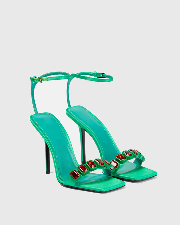 Palmira Rhinestone Satin Strap Sandals In Green