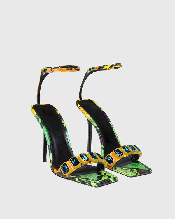 Palmira Rhinestone Snake Print Strap Sandals