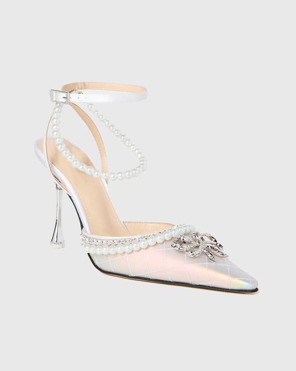 Paola Pearl Bow Embellished Satin Strap Pumps