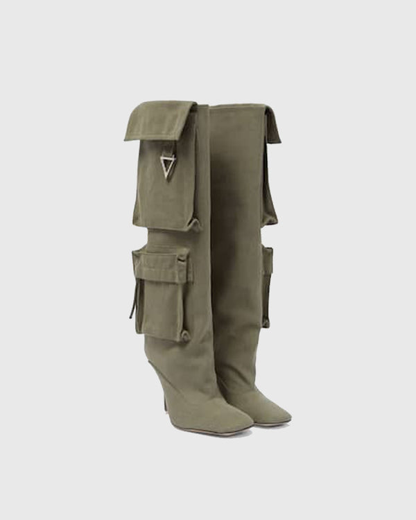 Paolina Pocket Denim Cowboy Knee High Boots In Green