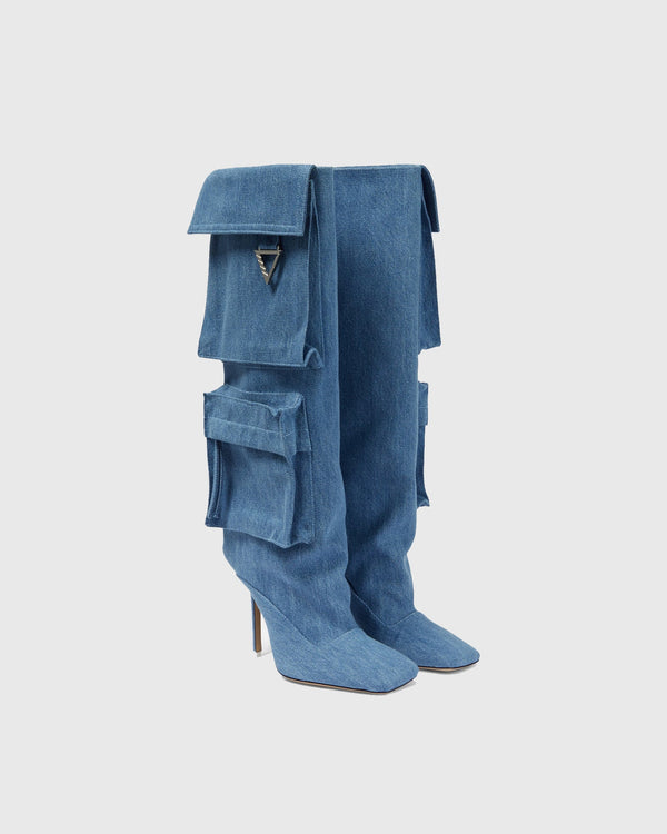 Paolina Pocket Denim Cowboy Knee High Boots In Blue