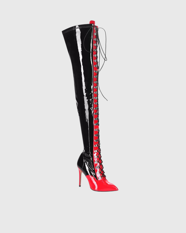 Paris Splicing Lace Up Over The Knee Boots In Black