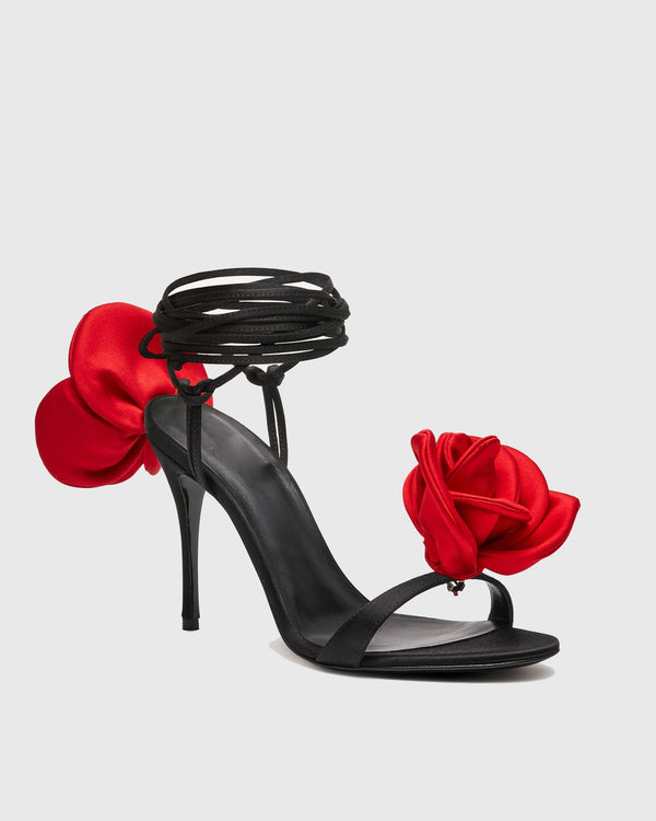 Phebe Double Flowers Satin Strap Sandals In Black