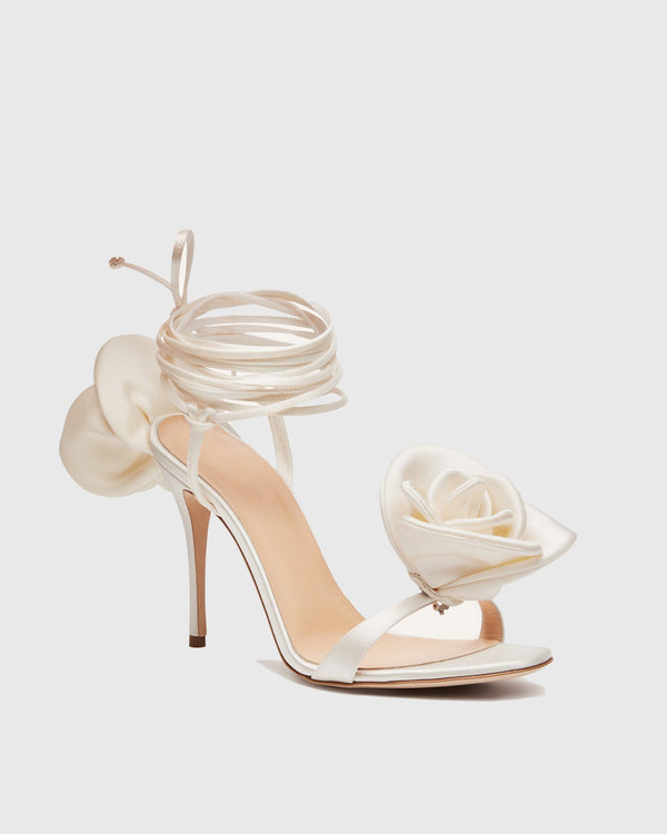 Phebe Double Flowers Satin Strap Sandals In White