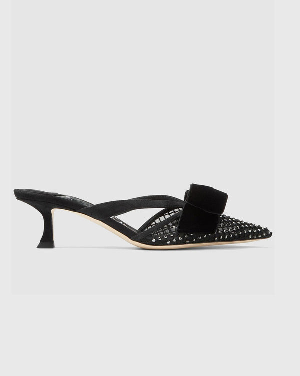 Po Bow Embellished Mesh Mules In Black