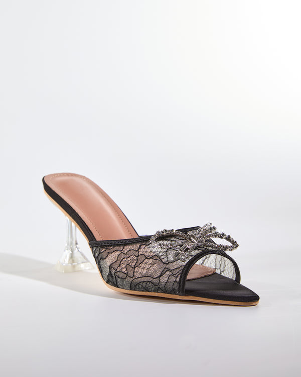 Rina Diamond Bow Lace Flared Heels In Black