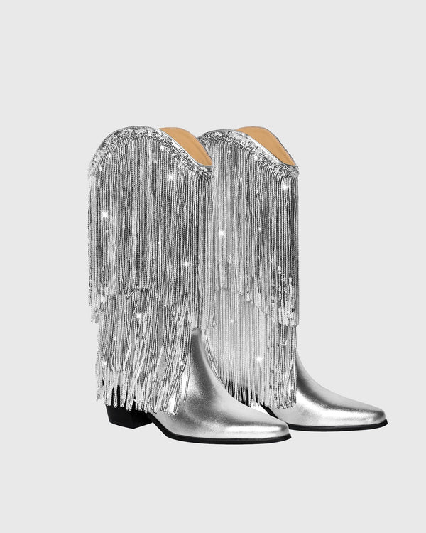 Rosana Rhinestone Fringe Leather Cowboy Mid Calf Boots In Silver