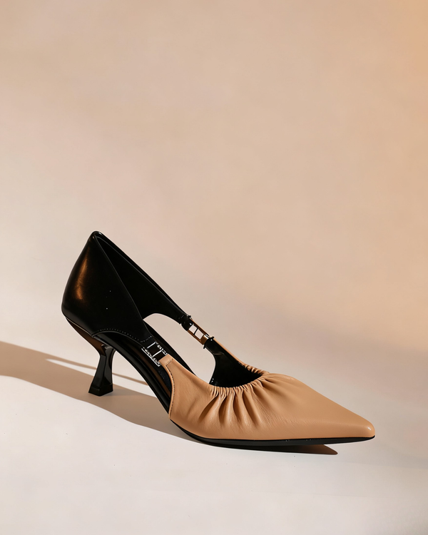 Saima Ruch Side Cut Kitten Heels In Beige