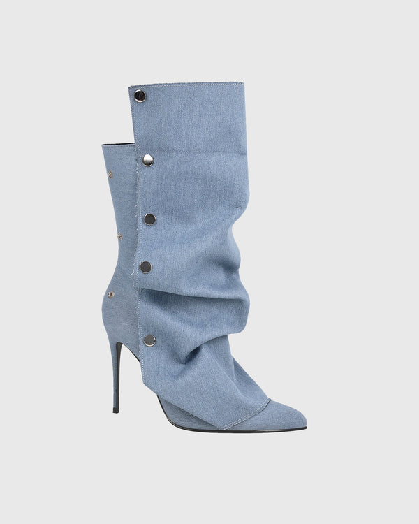 Santa Rivet Buckle Cowboy Mid Calf Boots In Blue