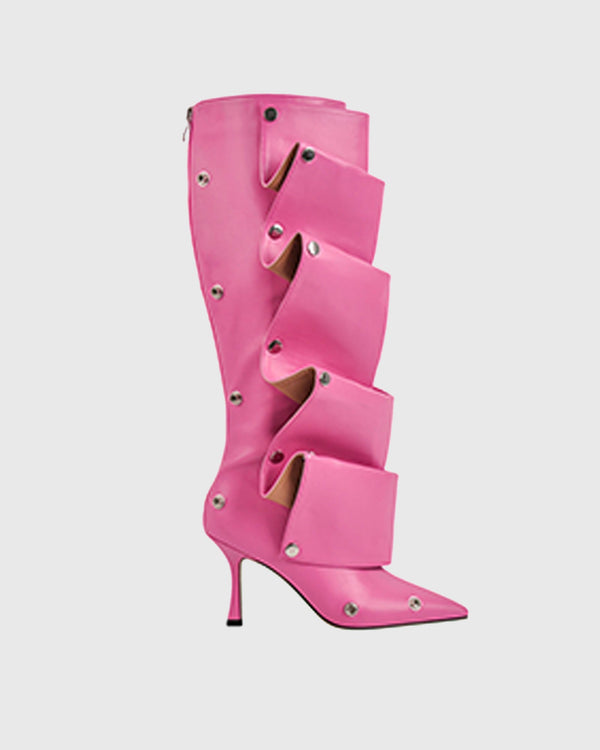 Santa Rivet Removable Leather Knee High Boots In Pink