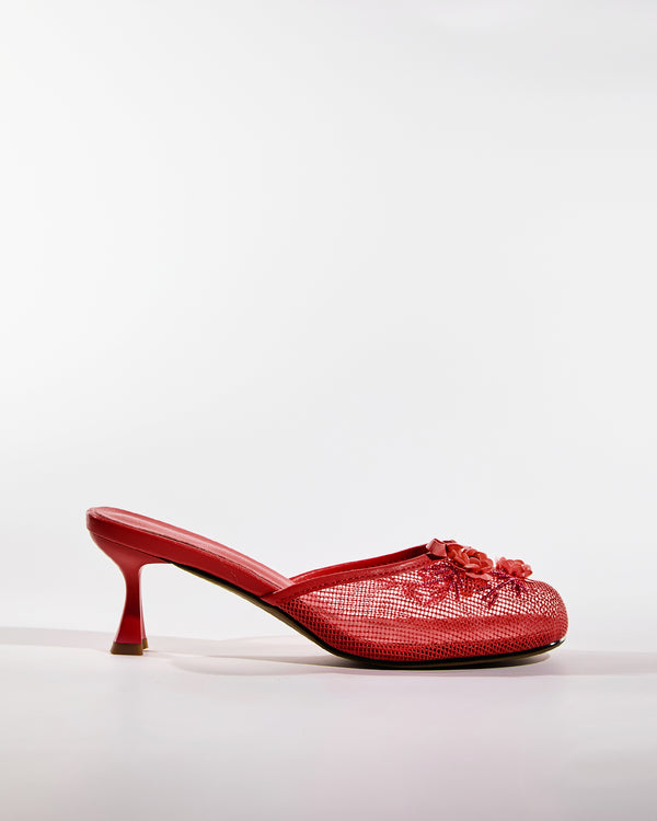 Shine Flower Mesh Slippers In Red