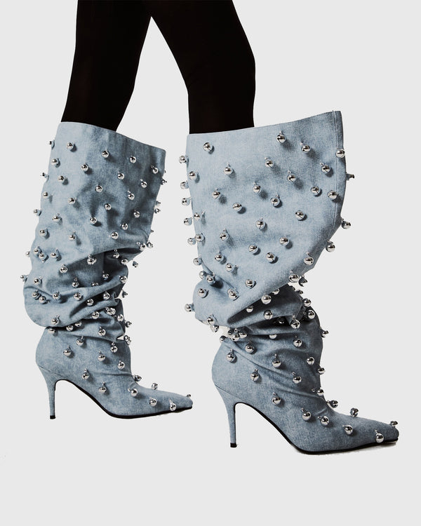 Sole Metal Ball Ruched Knee High Boots In Blue