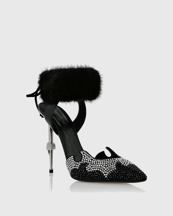 Stefania Flame Rhinestone Faux Fur Strap Pumps